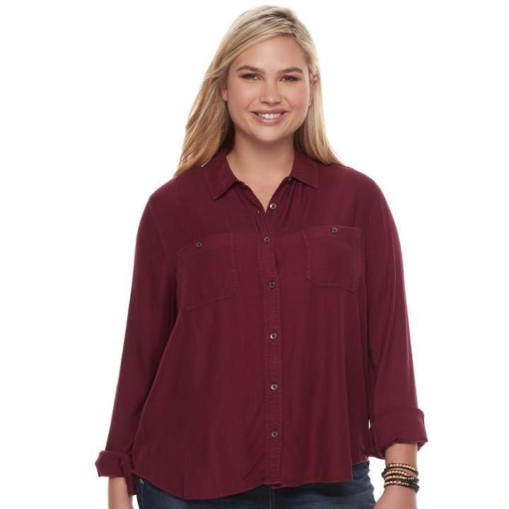 Juniors' Plus Size Mudd&reg; Solid Utility Shirt, Teens, Size: 2xl, Dark Pink