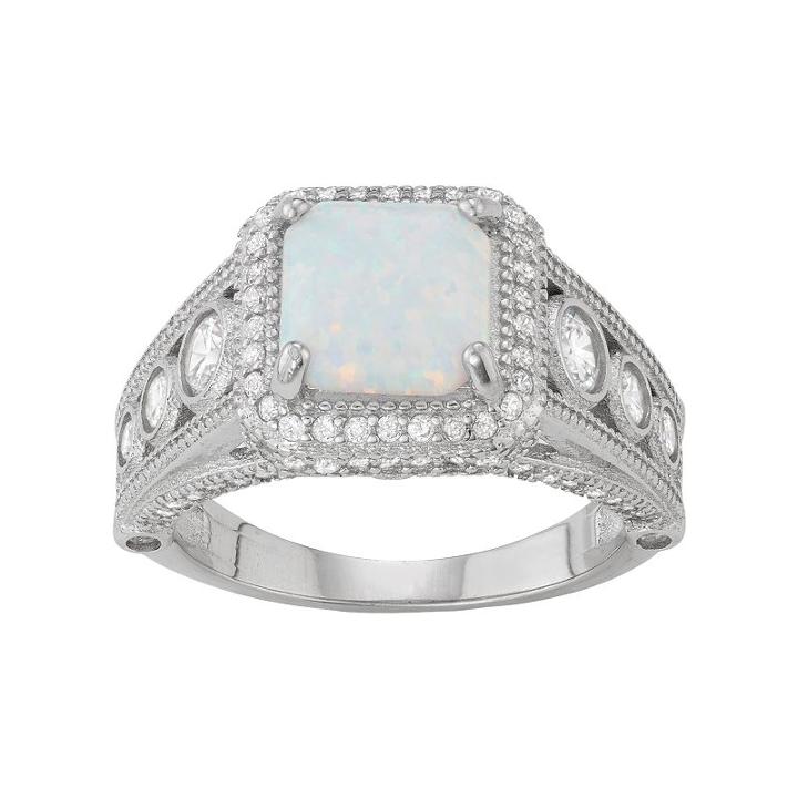 Sterling Silver Lab-created Opal & White Sapphire Cushion Halo Ring, Women's, Size: 5
