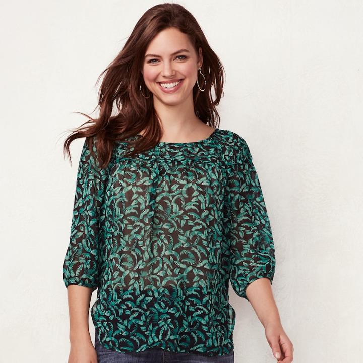 Women's Lc Lauren Conrad Printed Chiffon Peasant Top, Size: Xs, Dark Grey