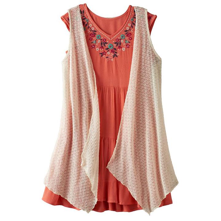Girls 7-16 Knitworks Open Knit Vest & Embroidered Gauze Dress Set With Necklace, Size: 14, Lt Orange