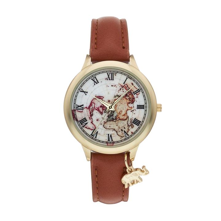 Women's Elephant Charm & World Map Watch, Size: Medium, Brown