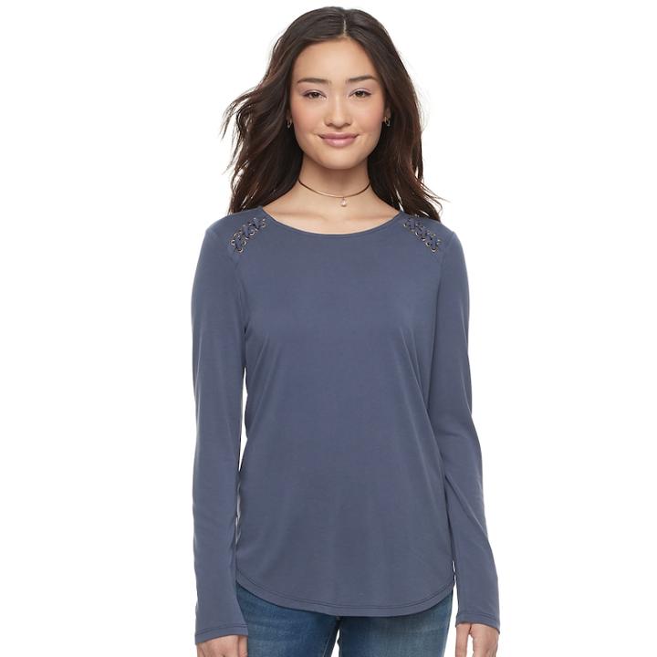 Juniors' Pink Republic Lace-up Raglan Tee, Teens, Size: Medium, Dark Blue