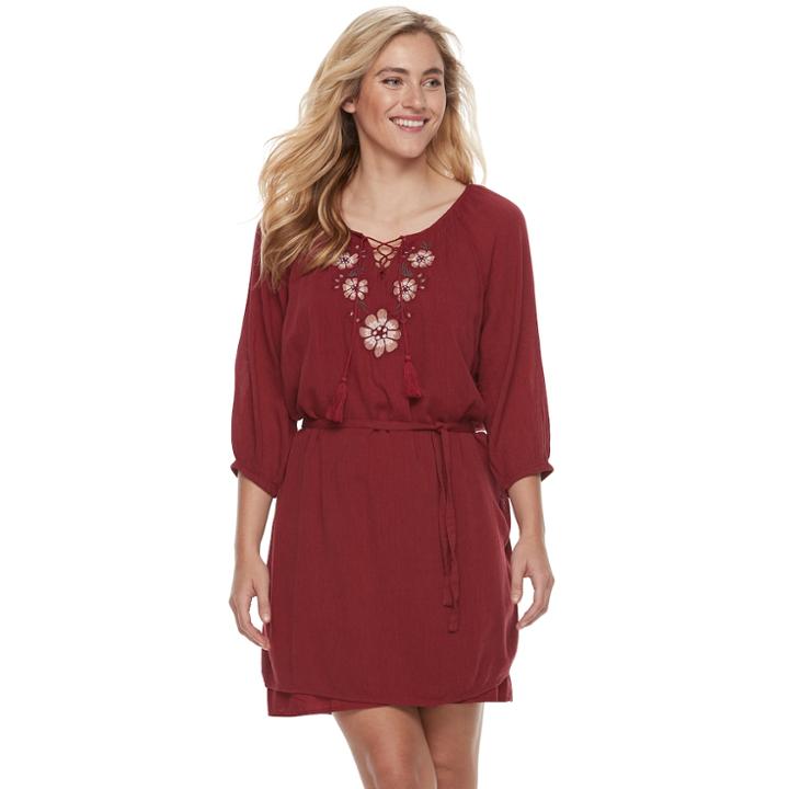 Women's Sonoma Goods For Life&trade; Embroidered Peasant Dress, Size: Small, Dark Red