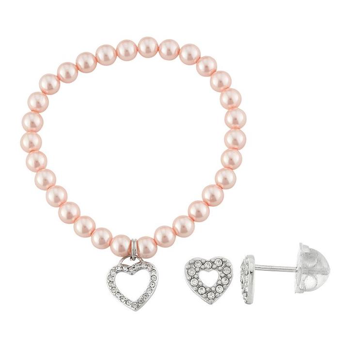 Lulabelle Kids' Shell Pearl & Crystal Heart Stretch Bracelet & Stud Earring Set, Women's, Pink