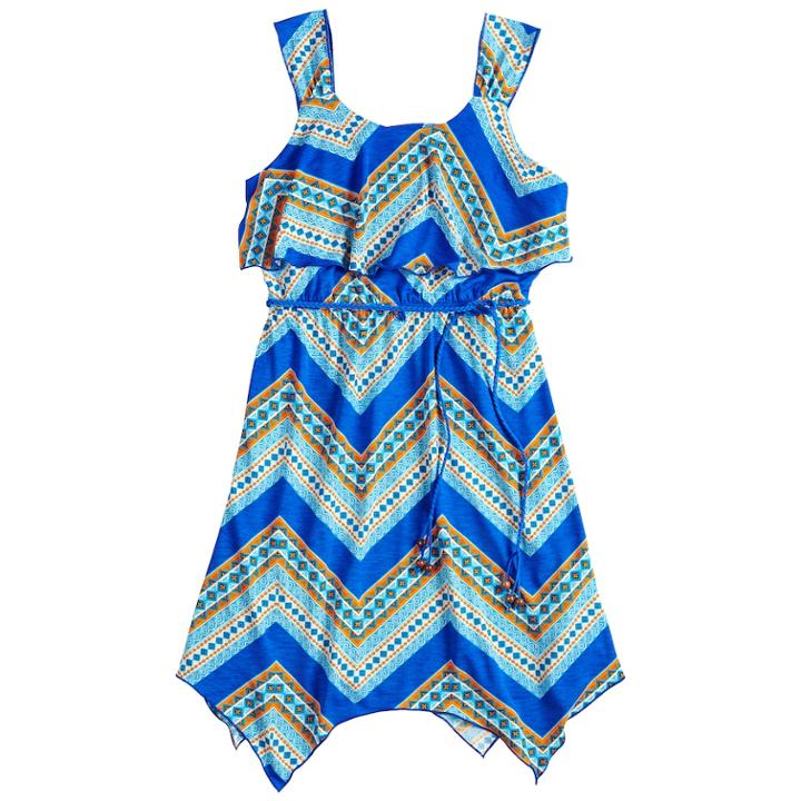 Girls 7-16 Three Pink Hearts Printed Sharkbite Hem Dress, Size: 8, Med Blue
