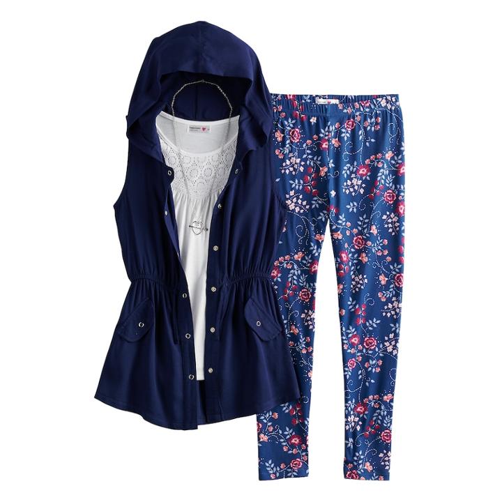 Girls 7-16 Knitworks Tank Top, Leggings & Anorak Hoodie Vest Set With Necklace, Size: Xl, Blue (navy)
