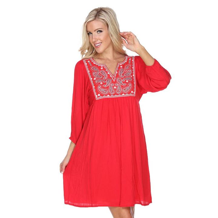 Women's White Mark Embroidered Babydoll Dress, Size: Medium, Red