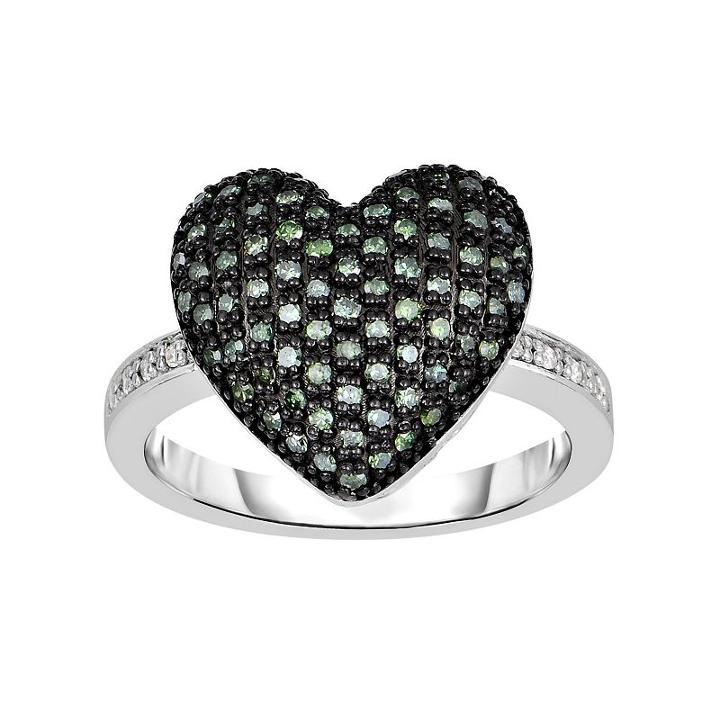 Sterling Silver 1/5 Carat T.w. Green & White Diamond Heart Ring, Women's, Size: 7
