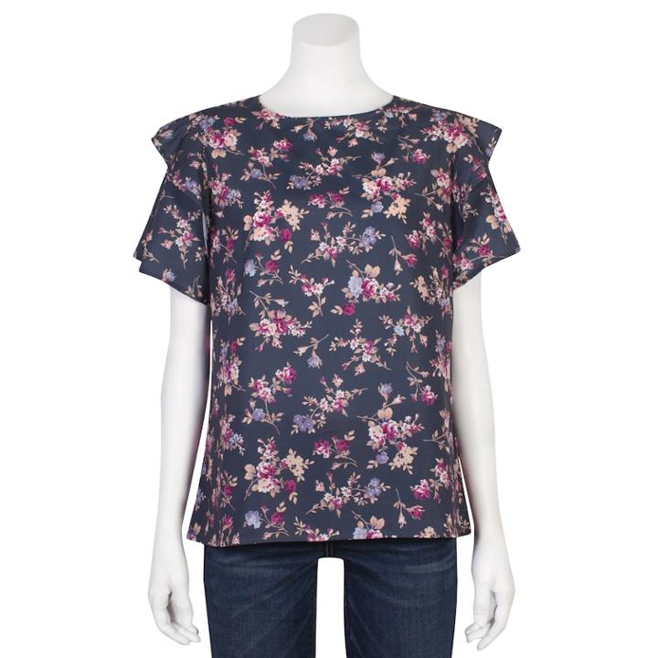 Juniors' Grayson Threads Floral Tiered Sleeve Top, Teens, Size: Medium, Black