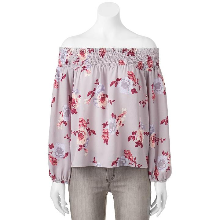 Juniors' About A Girl Smocked Off The Shoulder Top, Size: Large, Med Grey