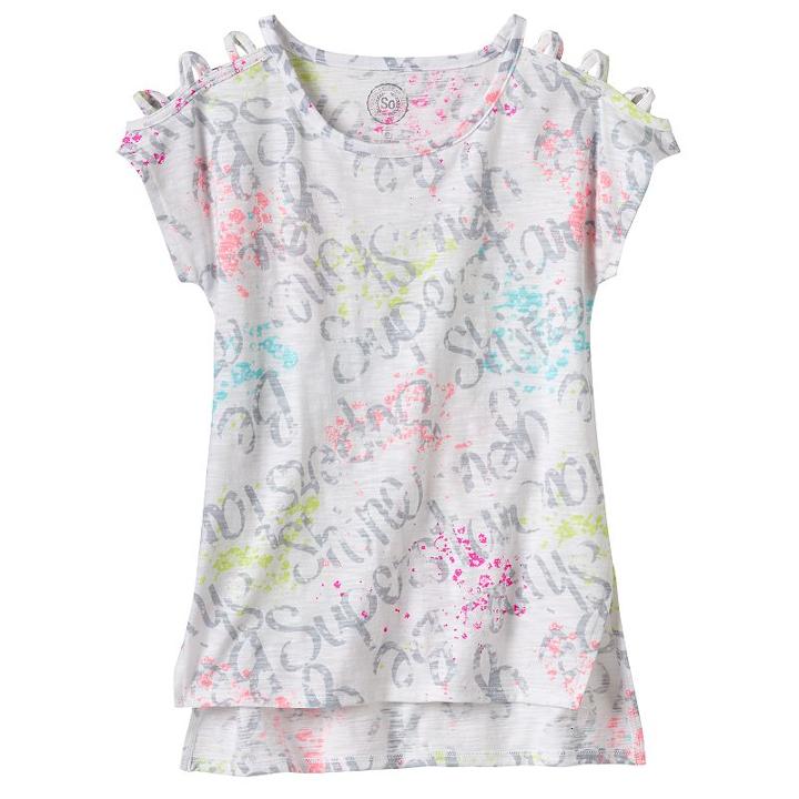 Girls 7-16 & Plus Size So&reg; Open Shoulder High-low Split Hem Graphic Tee, Girl's, Size: 14, Light Grey