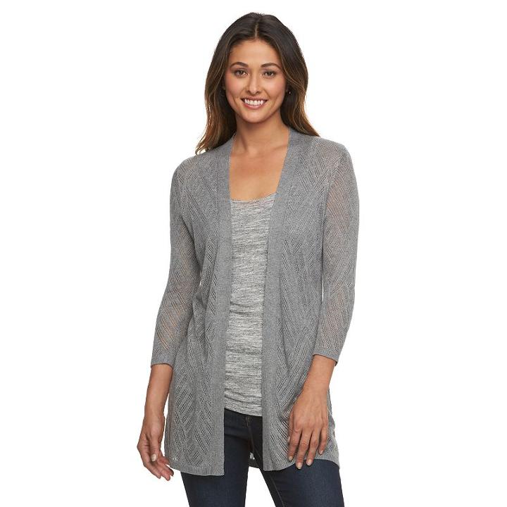 Women's Croft & Barrow&reg; Pointelle Open-front Cardigan, Size: Large, Med Grey