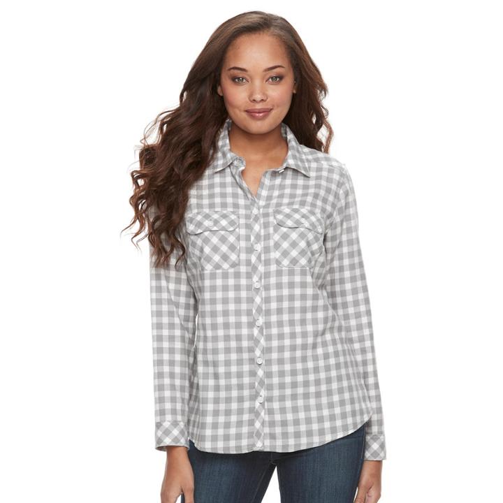 Petite Croft & Barrow&reg; Flannel Plaid Button-down Shirt, Women's, Size: M Petite, Light Grey