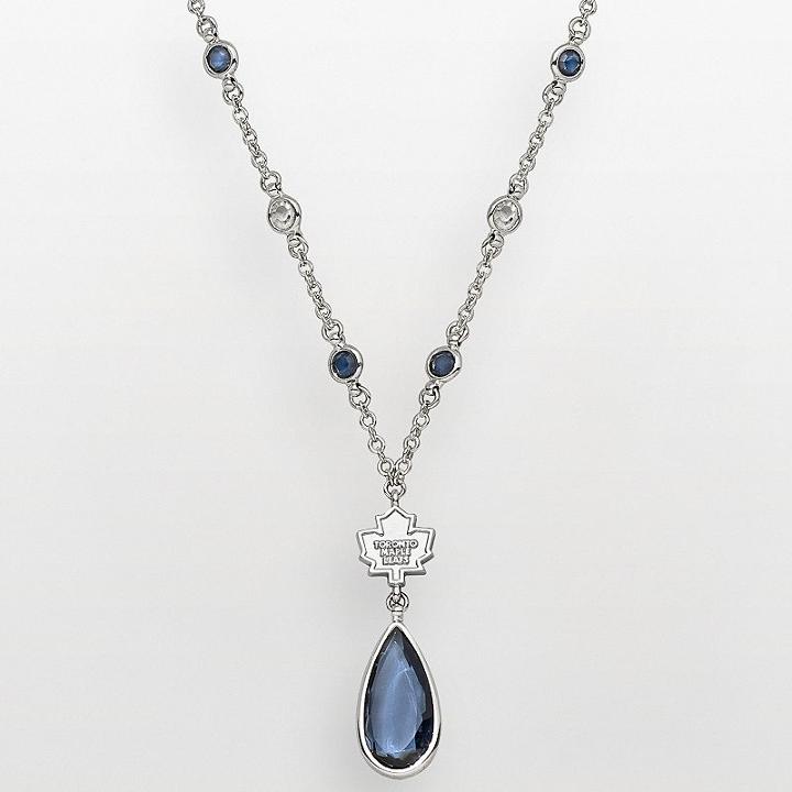 Logoart Toronto Maple Leafs Silver Tone Crystal Logo Teardrop Y Necklace, Women's, Blue