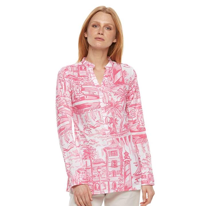 Women's Caribbean Joe Tropical Henley Tunic, Size: Large, Med Pink