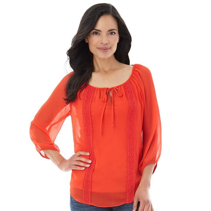 Ab Studio, Women's Lace-trim Peasant Top, Size: Xlrg Av/rg, Med Red