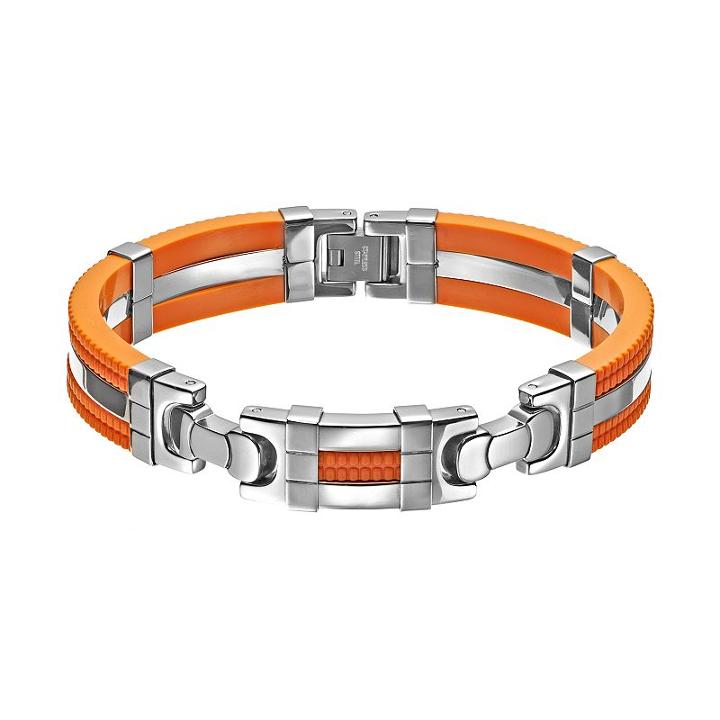 Stainless Steel And Rubber Bracelet - Men, Size: 8.5, Orange