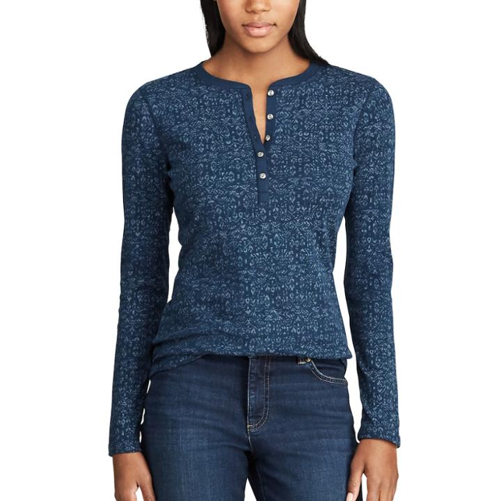Women's Chaps Geometric Henley Top, Size: Medium, Blue (navy)