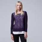 Petite Simply Vera Vera Wang Mock-layer Lace Front Top, Women's, Size: S Petite, Purple