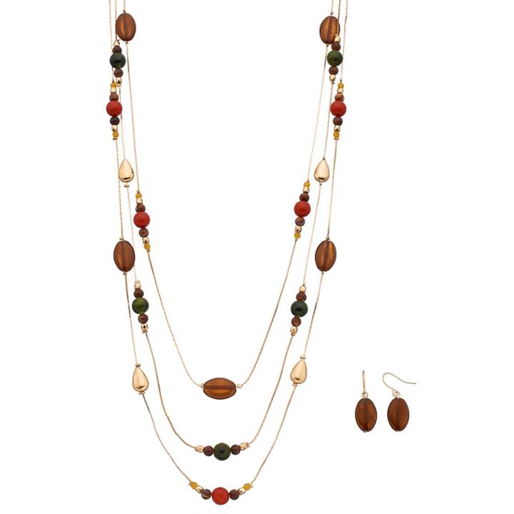 Long Beaded Layered Station Necklace & Oval Drop Earring Set, Women's, Multicolor