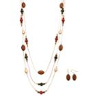Long Beaded Layered Station Necklace & Oval Drop Earring Set, Women's, Multicolor