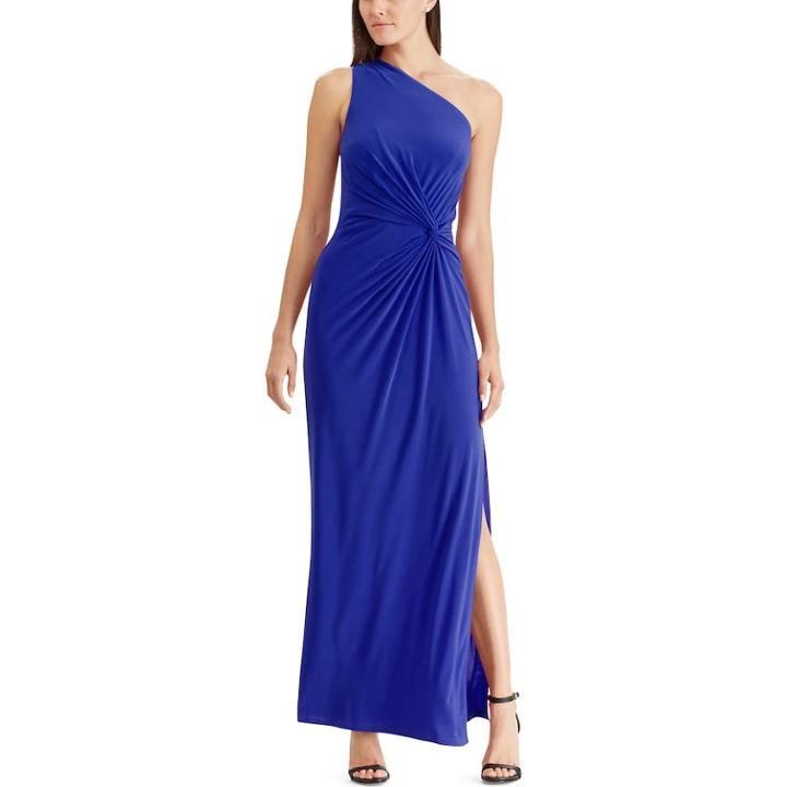Women's Chaps One-shoulder Gathered Evening Gown, Size: 18, Blue