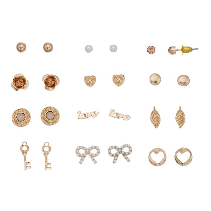 Mudd&reg; Love, Heart & Key Nickel Free Stud Earring Set, Women's, Gold