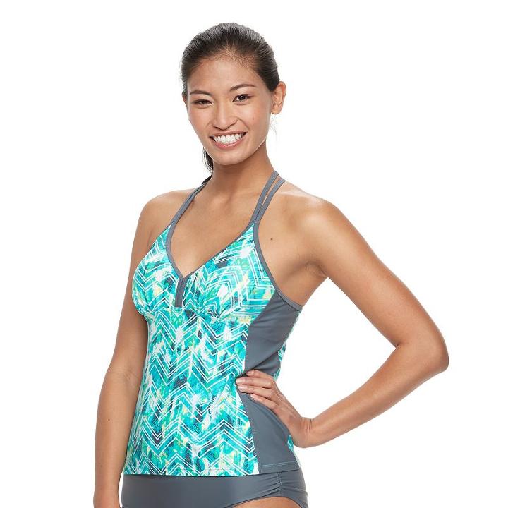 Women's Free Country Printed T-back Tankini Top, Size: Medium, Blue Other
