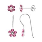 Charming Girl Crystal And Simulated Pearl Sterling Silver Flower Stud And Drop Earring Set - Made With Swarovski Crystals - Kids, Pink