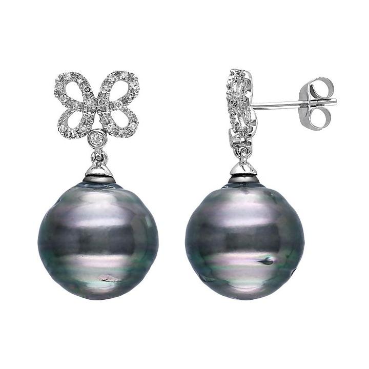 Tahitian Cultured Pearl & 1/5 Carat T.w. Diamond 10k White Gold Butterfly Stud Earrings, Women's, Black