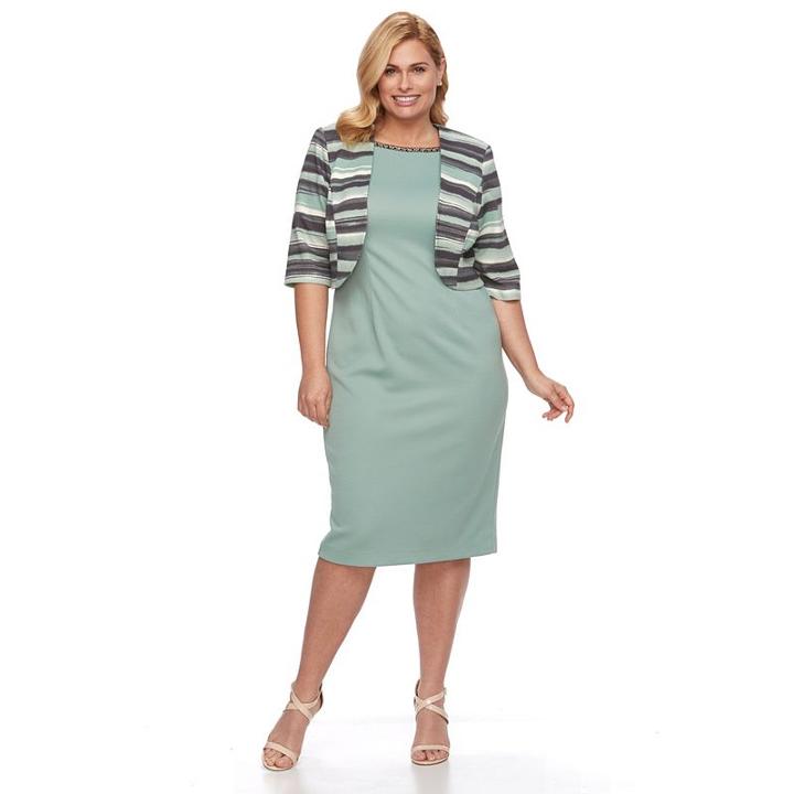Plus Size Maya Brooke Solid Dress & Brushstroke Jacket Set, Women's, Size: 14 W, Green