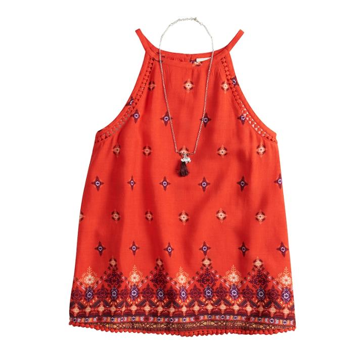 Girls 7-16 & Plus Size Mudd&reg; Crochet Trim Tank Top With Necklace, Size: 12 1/2, Med Pink