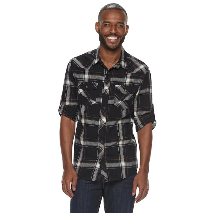 Men's Rock & Republic Plaid Button-down Flannel Shirt, Size: Medium, Oxford