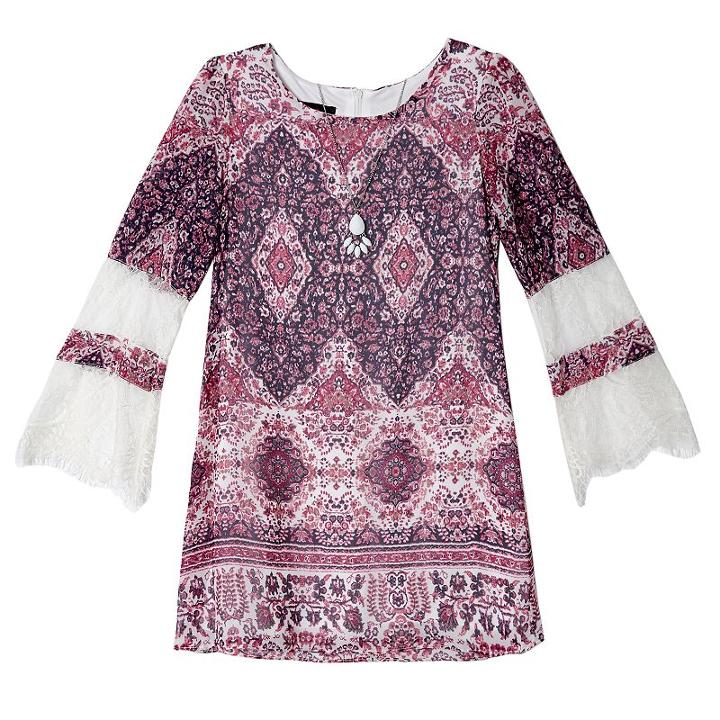 Girls 7-16 Iz Amy Byer Lace Bell Sleeve Shift Dress With Necklace, Size: 14, Purple Ivory