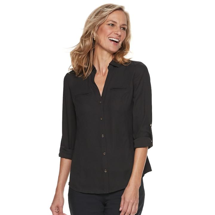 Women's Dana Buchman Roll-tab Camp Shirt, Size: Medium, Black
