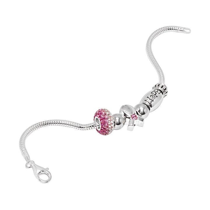 Individuality Beads Sterling Silver Snake Chain Bracelet And Crystal, Cubic Zirconia And Breast Cancer Awareness Ribbon Bead Set, Women's, Size: 7.5, Pink