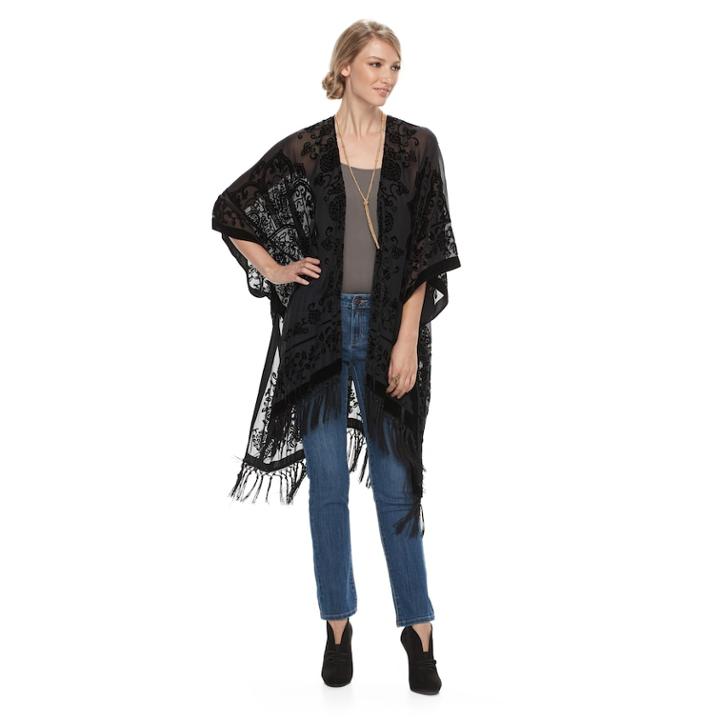 Women's Manhattan Flower And Leaves Burnout Velvet Ruana, Black