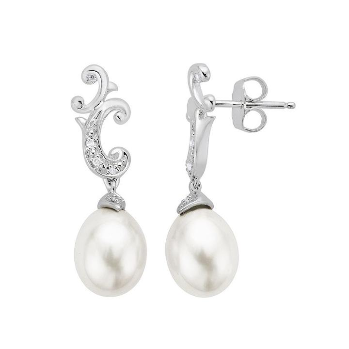 Freshwater Cultured Pearl & Diamond Accent Sterling Silver Drop Earrings, Women's, White