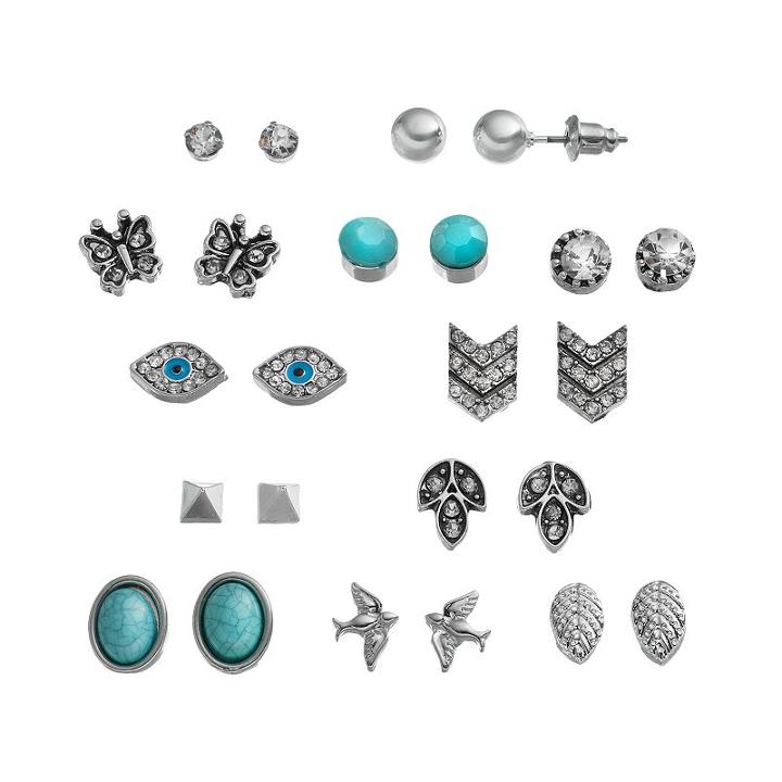 So&reg; Bird, Butterfly, Leaf, Evil Eye, Pyramid & Chevron Stud Earring Set, Girl's, Multicolor