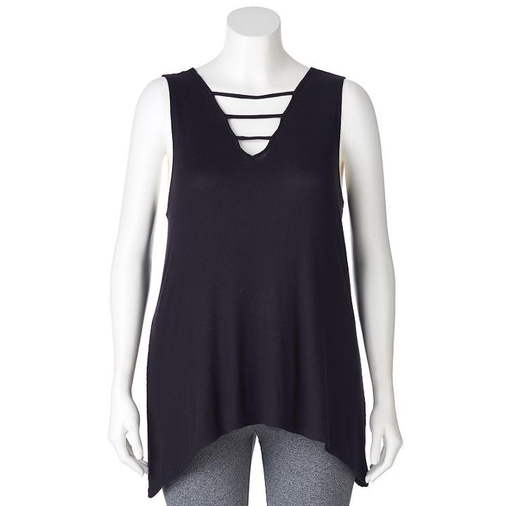Juniors' Plus Size Mudd&reg; Shark-bite Hem Ladder Tank, Girl's, Size: 1xl, Black