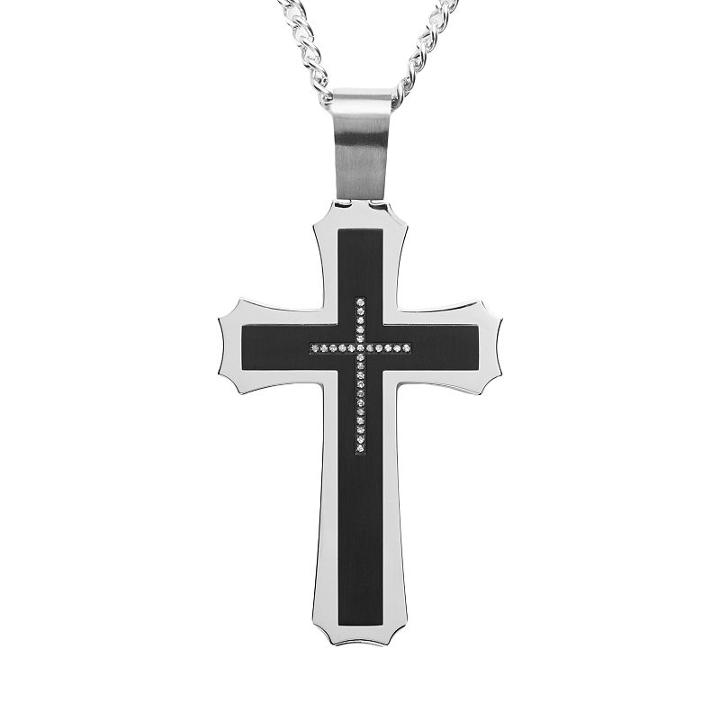 Stainless Steel And Black Immersion-plated Stainless Steel Cubic Zirconia Cross Pendant - Men, Size: 24, White