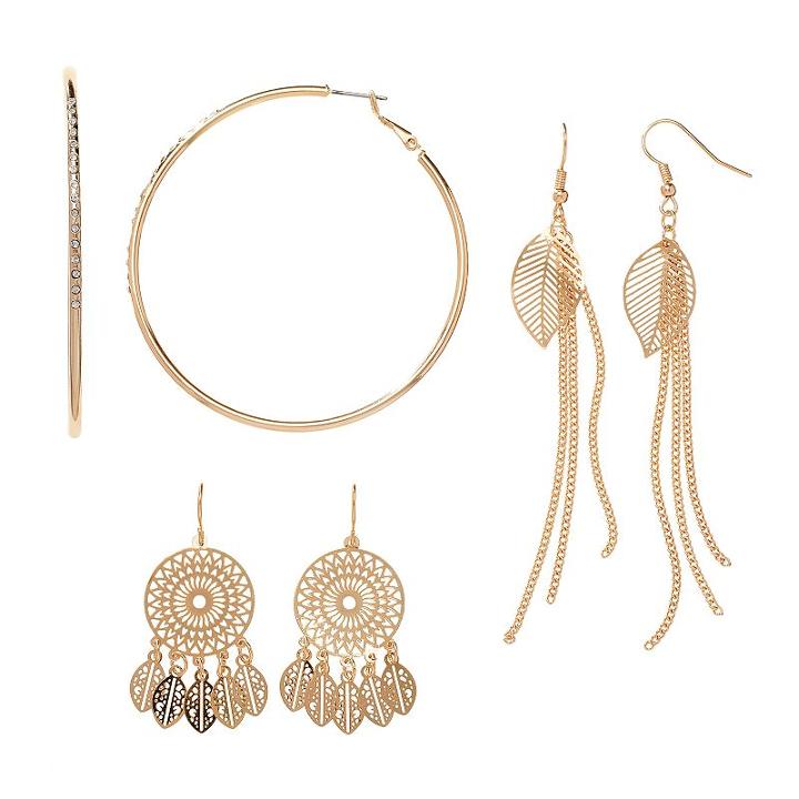 Dream Catcher, Leaf Fringe & Hoop Nickel Free Earring Set, Women's, Gold