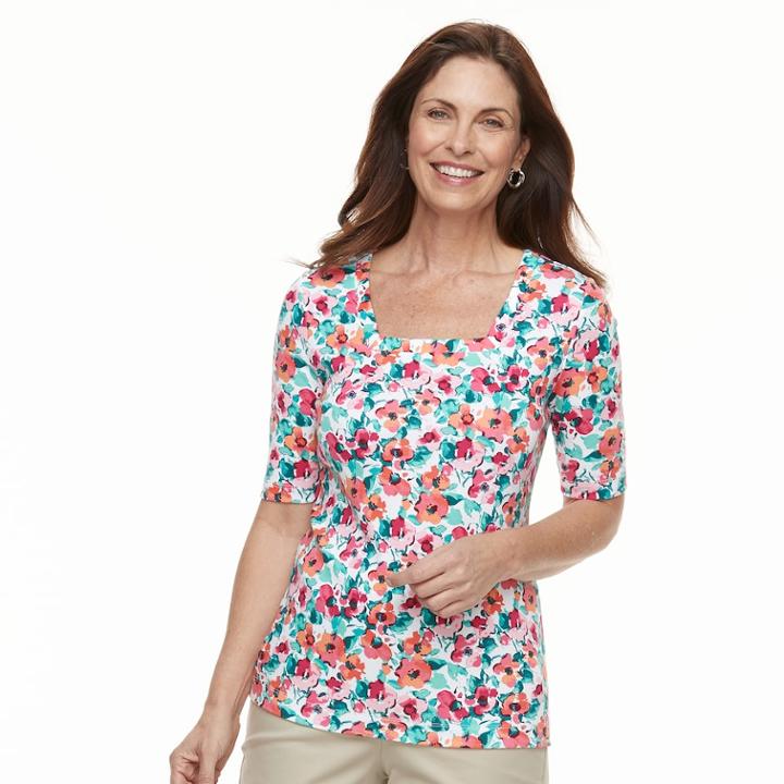 Women's Croft & Barrow&reg; Squareneck Elbow Sleeve Tee, Size: Xl, Med Pink