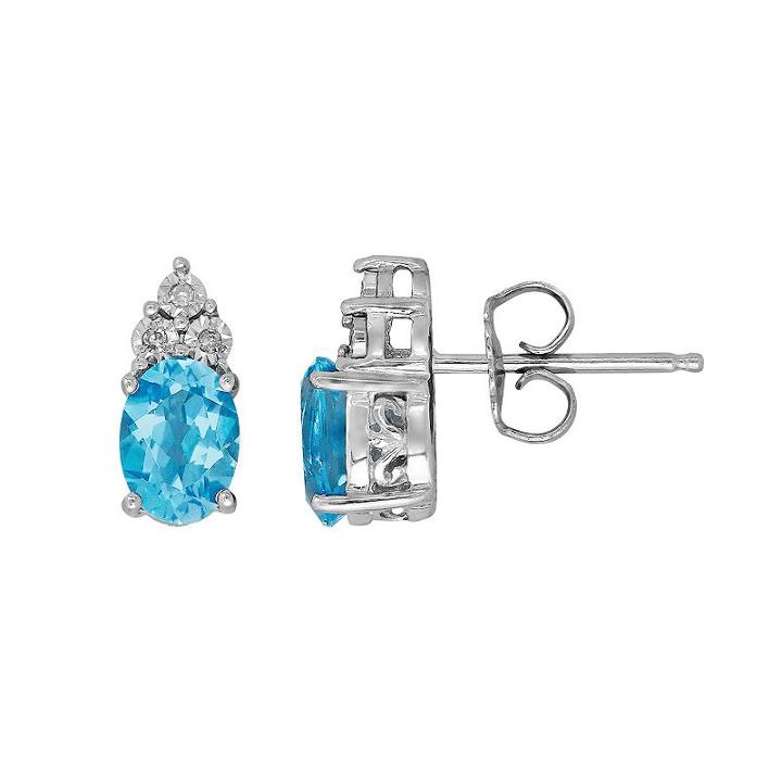 Sterling Silver Aquamarine & Diamond Accent Oval Stud Earrings, Women's, Blue