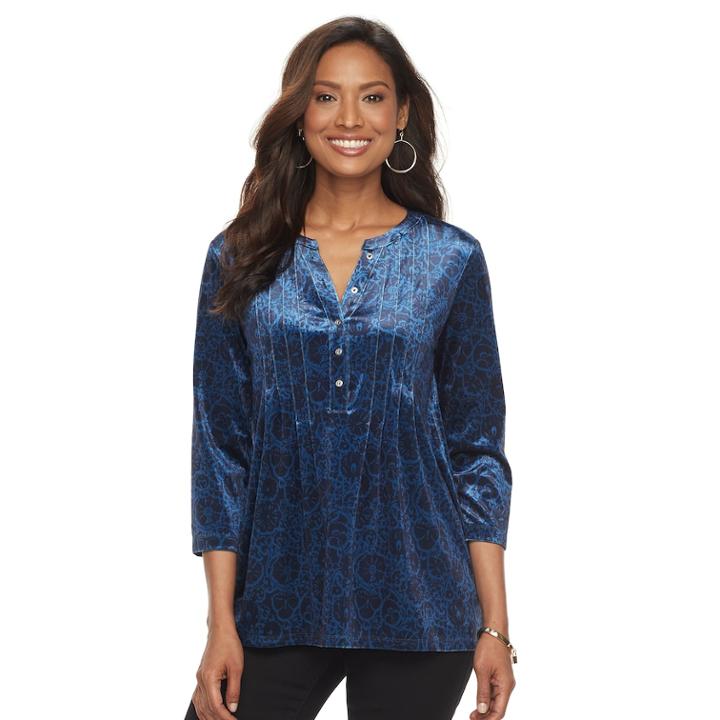 Women's Croft & Barrow&reg; Print Pleated Velvet Henley Top, Size: Small, Blue