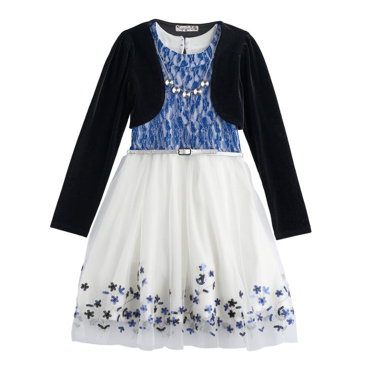 Girls 7-16 Knitworks Velvet Shrug & Lace Skater Dress Set With Necklace, Size: 16, Turquoise/blue (turq/aqua)