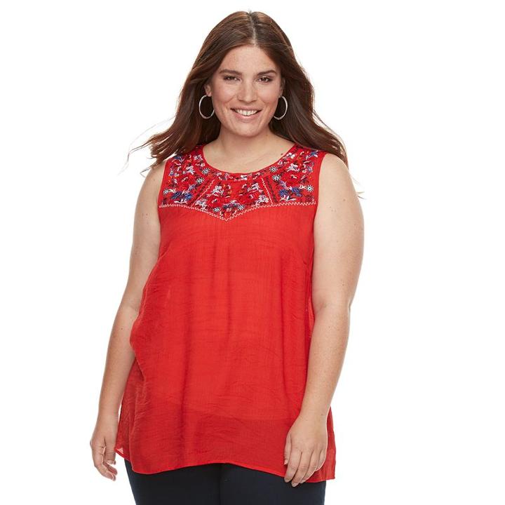 Plus Size Ab Studio Embroidered Gauze Tank, Women's, Size: 1xl, Med Red