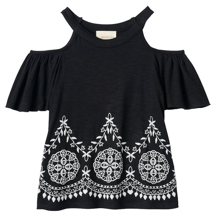 Girls 7-16 Rewind Cold Shoulder Printed Embroidery Border Top, Girl's, Size: Medium, Black