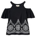 Girls 7-16 Rewind Cold Shoulder Printed Embroidery Border Top, Girl's, Size: Medium, Black