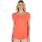 Women's Larry Levine Cap Sleeve Cross Back Henley Top, Size: Medium, Dark Red